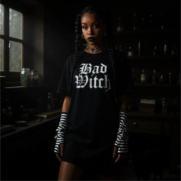 Bad Witch Graphic Tee W/ Gothic Print & Striped Arm Warmers – Trickz N Treatz - Picture 7 of 8